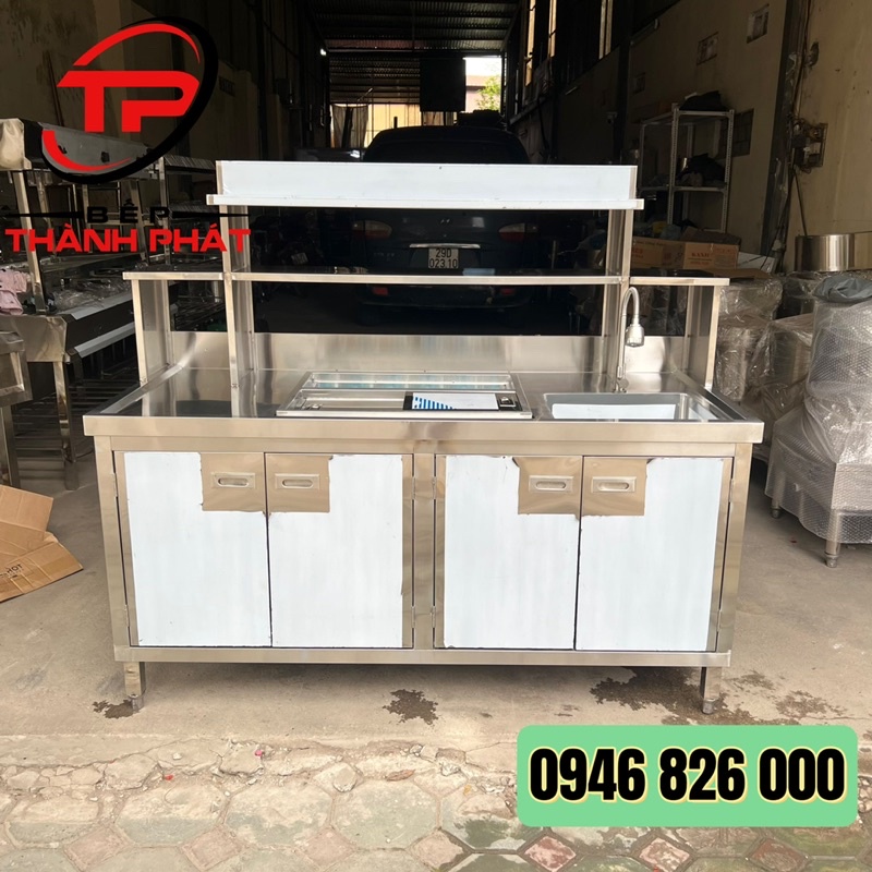 Quầy pha chế inox 1.6m, Thùng đá kèm 5 khay topping