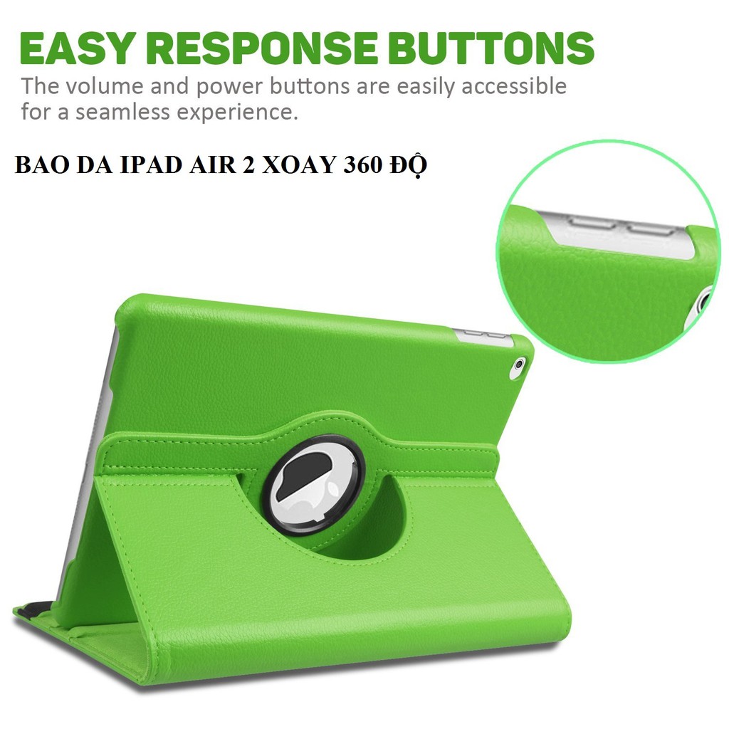 Bao da ốp lưng iPad Air 2 iPad 6 (xanh lá) xoay 360 độ | BigBuy360 - bigbuy360.vn