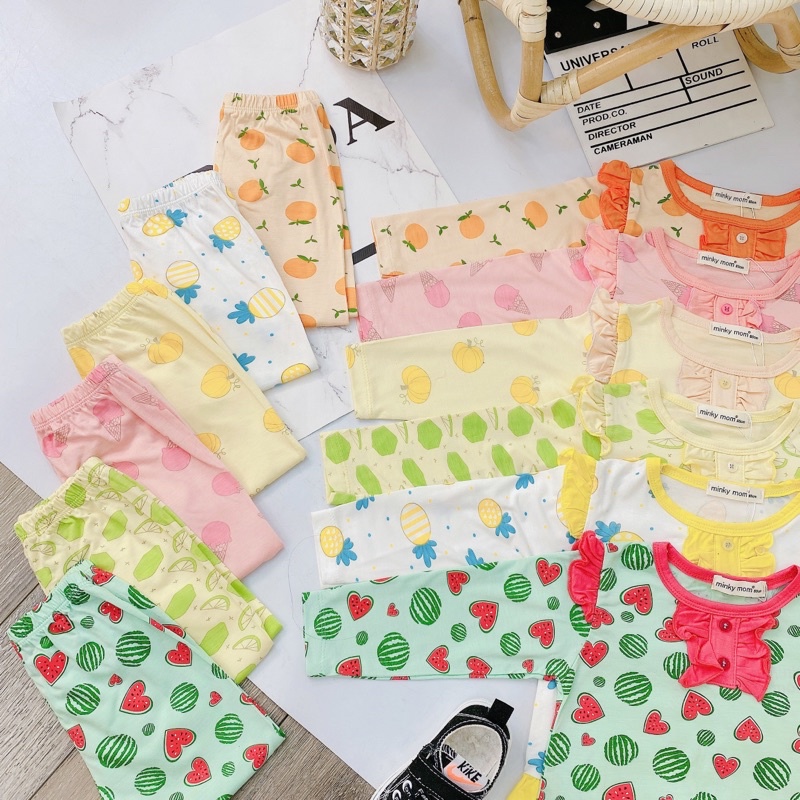 NT085 Bộ dài tay thun lạnh bèo vai cổ trụ Minky Mom hoạ tiết trái cây cho bé gái