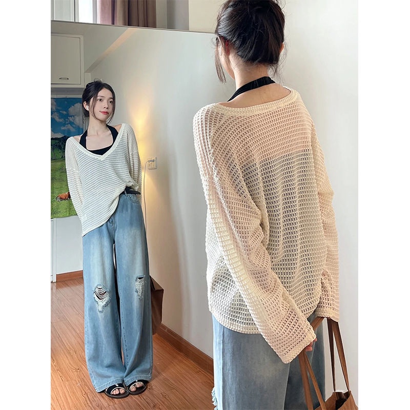 COZOK Bộ Áo Tay Dài Dáng Rộng Cổ Chữ v + Quần Dài Cá Tính Quyến Rũ Cho