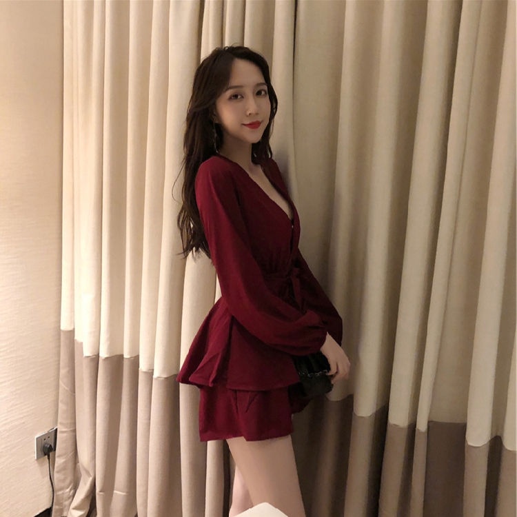 Đầm tay dài cổ chữ V phong cách Hàn Quốc thời trang thu đông mới thanh lịch cho nữ