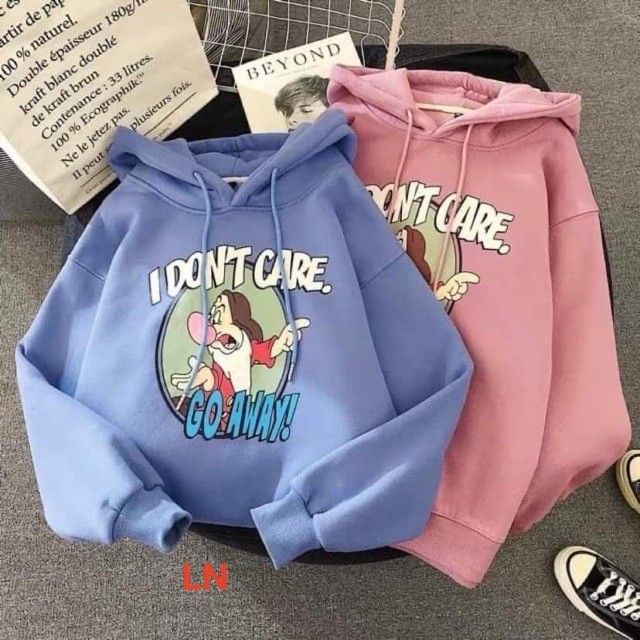 Áo nỉ hoddie vải nỉ bông I Don't Care dày dặn Ulzzang cá tính oversize ( dưới 55kg)