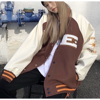 [SẴN] Áo bomber tay da chữ E form rộng unisex nam nữ màu nâu