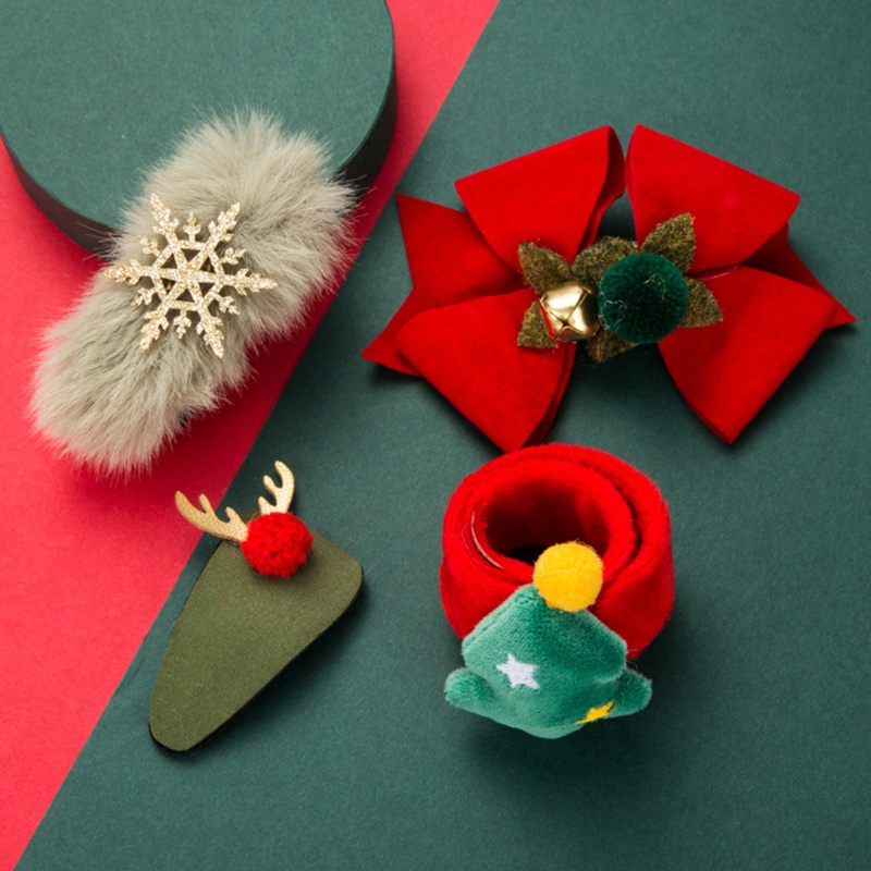 Set 4 Kẹp Tóc Họa Tiết Hoạt Hình Giáng Sinh Kèm Vòng Đeo Tay &amp; Kẹp Tóc Hình Hoa Tuyết / Hươu / Hươ