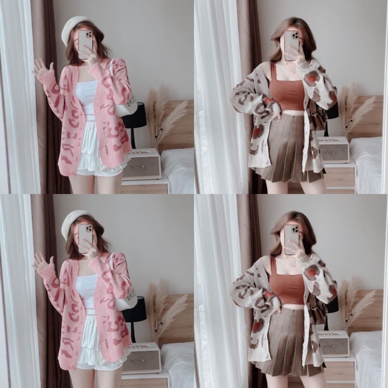 Áo khoác len cardigan nữ Hàn Quốc da báo beo hồng trắng nữ tính form rộng cổ chữ V phong cách cá tính thời trang S-2
