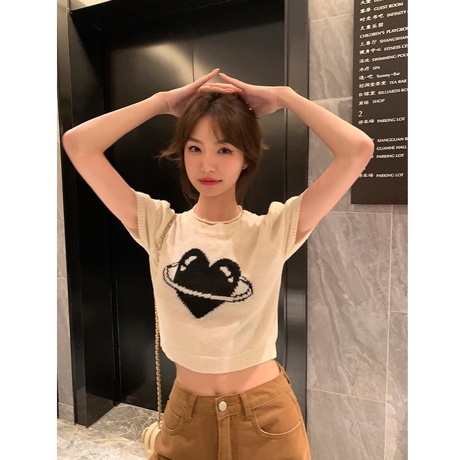 Áo Thun Dệt Kim Tay Ngắn Cổ Tròn In Họa Tiết Trái Tim Thời Trang Hàn Quốc Dành Cho Nữ