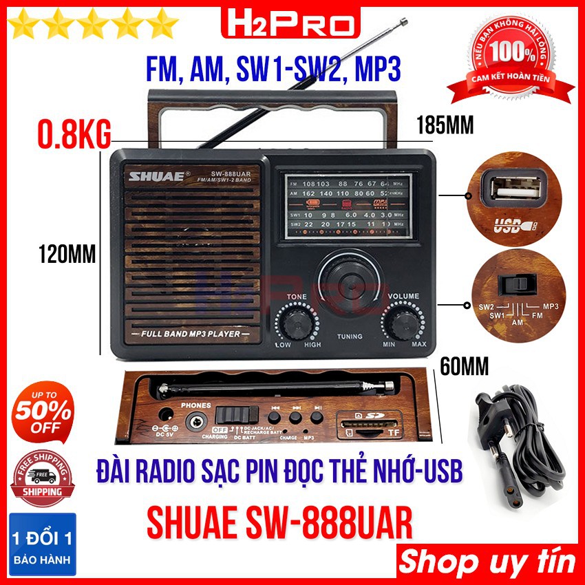 Đài radio 4 bands FM-AM-SW1-SW2 SHUAE SW-888UAR - SW-999UAR H2Pro cao cấp-tích hợp Mp3-USB-Thẻ nhớ-jack tai nghe 1 chiếc