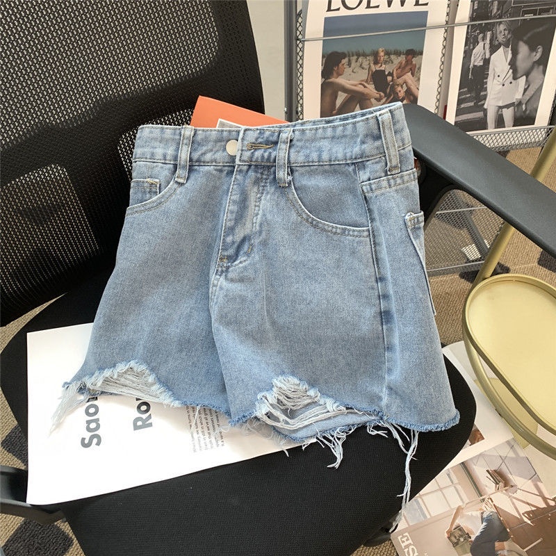 Mới Quần Short Denim Lưng Cao Ống Rộng Phối Túi Hoạ Tiết In Thiết Kế Xẻ Rách Cá Tính