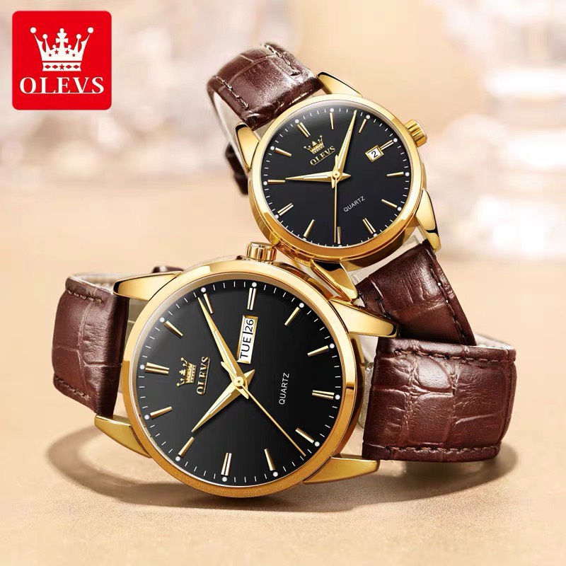 Đồng hồ đôi chính hãng Olevs_Đồng hồ cặp đôi dây da_donghodoi_donghodoinamnu_donghodoichongnuoc_Tặng hộp đẹp chính hãng