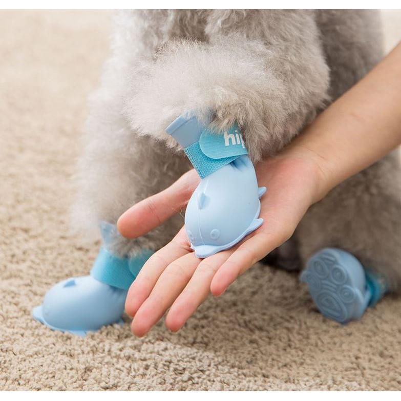 Giày Thú Cưng Set 4 Giày Dép Cao Su Đi Mưa Chống Thấm Nước Hình Cá Heo Cho Chó Mèo