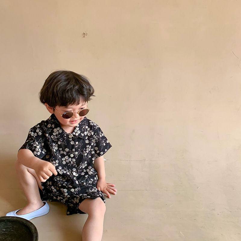 Bộ Áo Sơ Mi Cotton Ngắn Tay + Quần Short Ống Rộng In Hoa Phong Cách Hàn Quốc Thời Trang Mùa Hè Cho Bé Trai