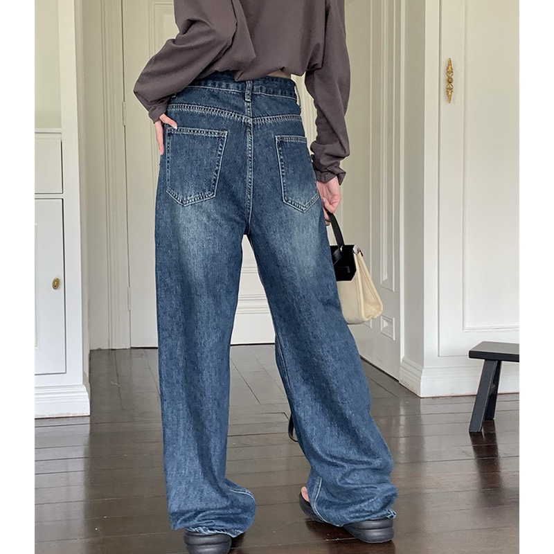Quần Jean Dài Dáng Rộng Ống Suông Phối Vải Rách Thời Trang Mùa Thu