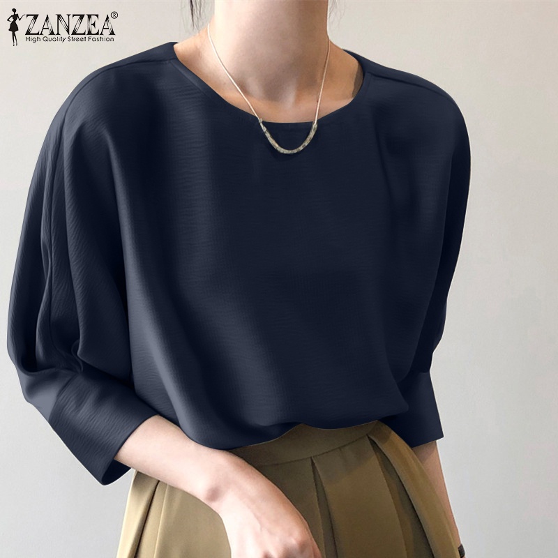 Áo kiểu Zanzea vải satin tay 3/ 4 cổ tròn cài nút thời trang cho nữ