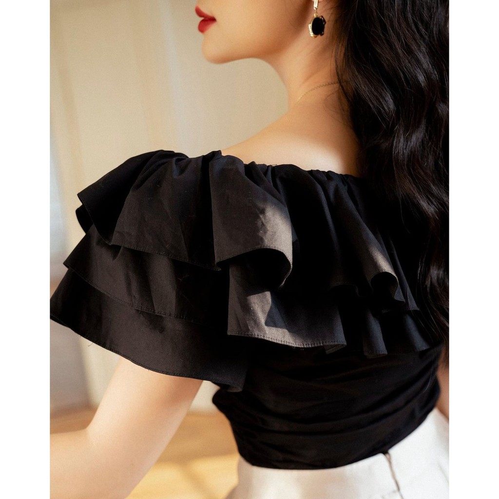Áo kiểu trễ vai bèo nhún hàng thiết kế Ganni Top by KHALES