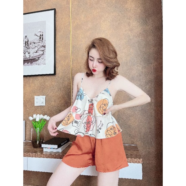Bộ lụa Latin dây đùi, phối quần trơn, hoạ tiết siêu xinh xắn