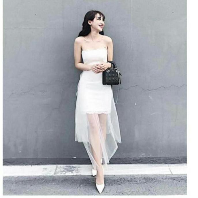 Đầm dự tiệc đầm ren body vạt lưới sang trọng sẵn mút ngực kèm ảnh thật