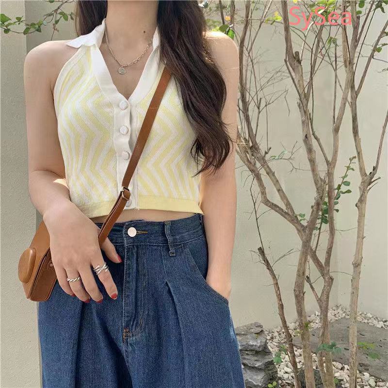 Áo cổ yếm chữ V phối sọc hở lưng thời trang dành cho nữ