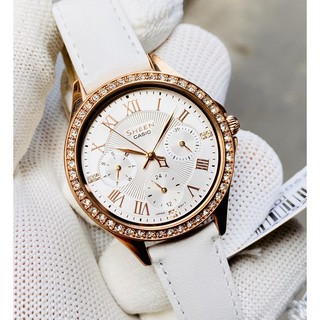 Đồng hồ nữ casio sheen she-3062pgl-7a dây da màu trắng - viền mặt mạ vàng hồng