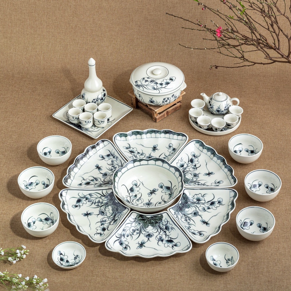 Bộ bát đĩa hoa mặt trời men xanh ngọc Bát tràng cao cấp