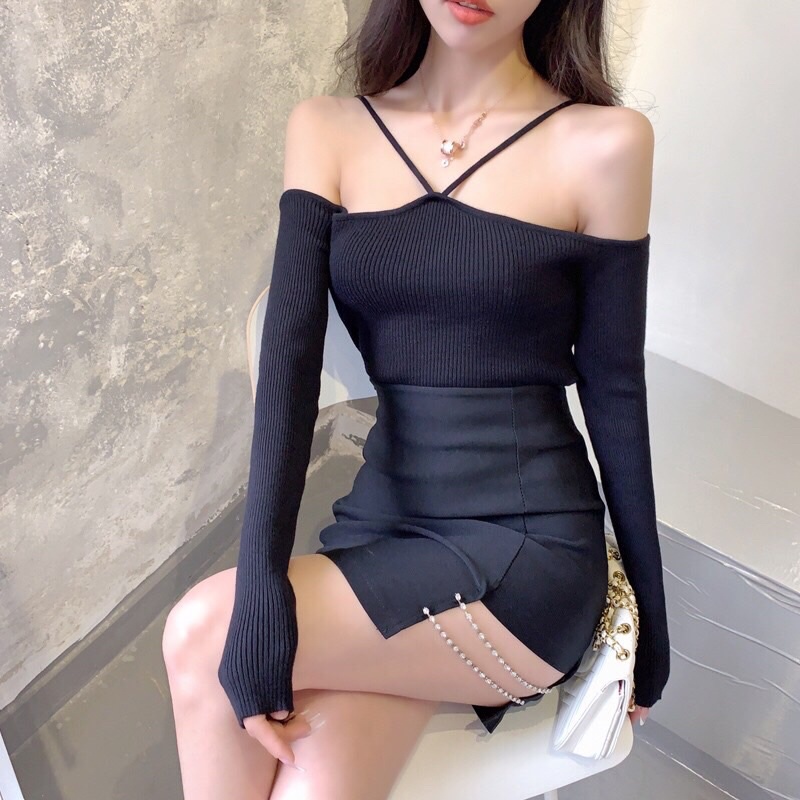 Áo trễ vai tay dài buộc dây cổ, áo thun tay dài thiết kế hở vai khoe xương quai xanh A283