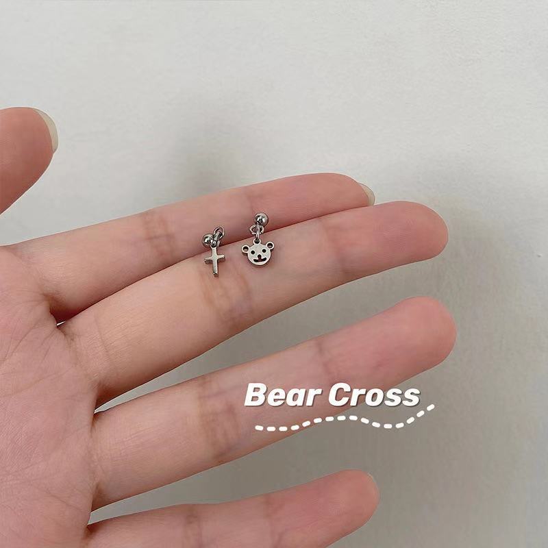 Bear and Cross Earring Titanium Steel Asymmetric Earrings for Women Korean Fashion Ear Stud