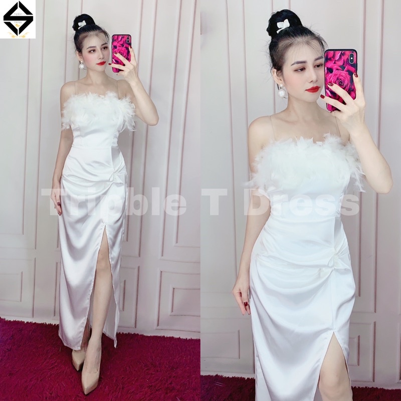 Đầm maxi body cúp lông xẻ đùi siêu xinh TRIPBLE T DRESS - Free size dưới 54kg
