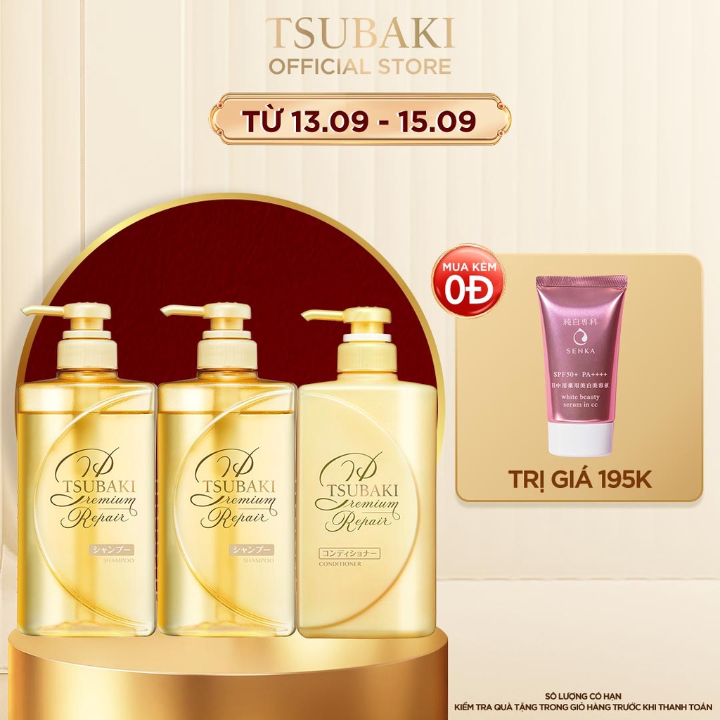 Bộ 2 dầu gội và 1 dầu xả Phục hồi hư tổn tóc Premium Repair Tsubaki 490ml/chai