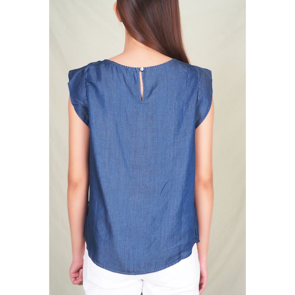 Áo denim cổ tròn tay nối không túi Haute Monte