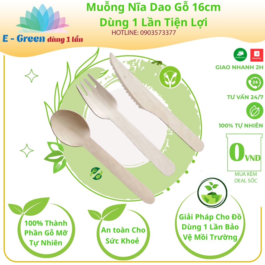 Bịch 50 Cái Muỗng, Nĩa, Dao Gỗ 16cm Dùng 1 Lần An Toàn Sức Khoẻ, Thân Thiện Môi Trường - Egreen Dùng 1 Lần