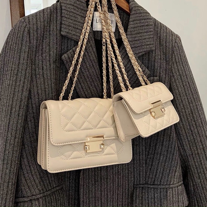 Túi đeo chéo, đeo vai khoá bấm trần ô trám dây xích phối da phong cách đơn giản