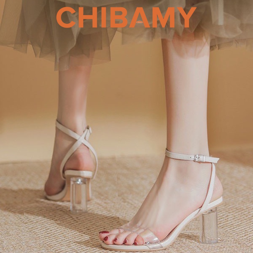 Giày sandal cao gót nữ CHIBAMY quai mảnh gót trụ tròn Pha Lê trong suốt mũi tròn cao 7.5cm