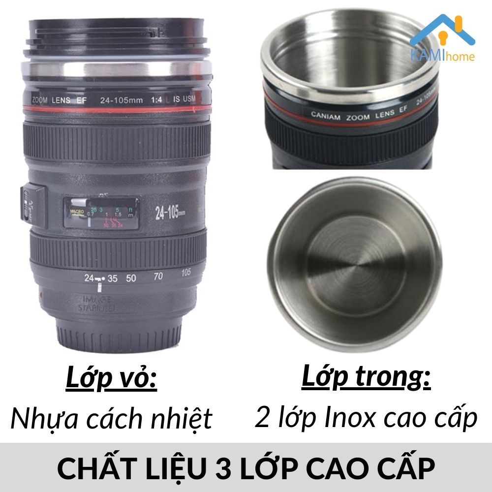 Ly giữ nhiệt inox (Chống Đổ nghiêng) hình ống kính máy ảnh cỡ 400ml cốc cà phê bình nước KM22058