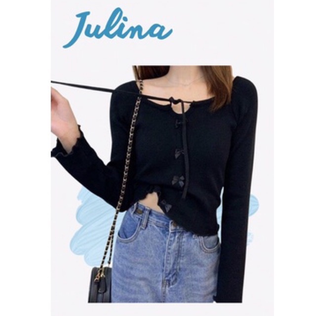 Áo len nữ dài tay Julina đính nơ điệu đà phong cách Hàn Quốc áo len thu đông dáng ngắn cổ vuông trẻ trung điệu đà | BigBuy360 - bigbuy360.vn