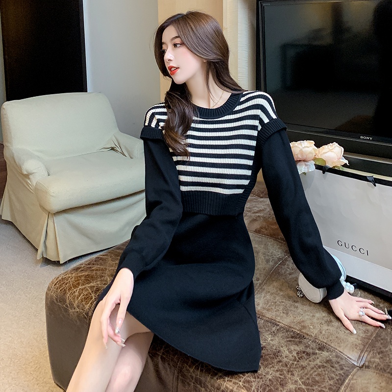 Set áo len dài tay và chân váy kẻ sọc thời trang mới cho nữ váy