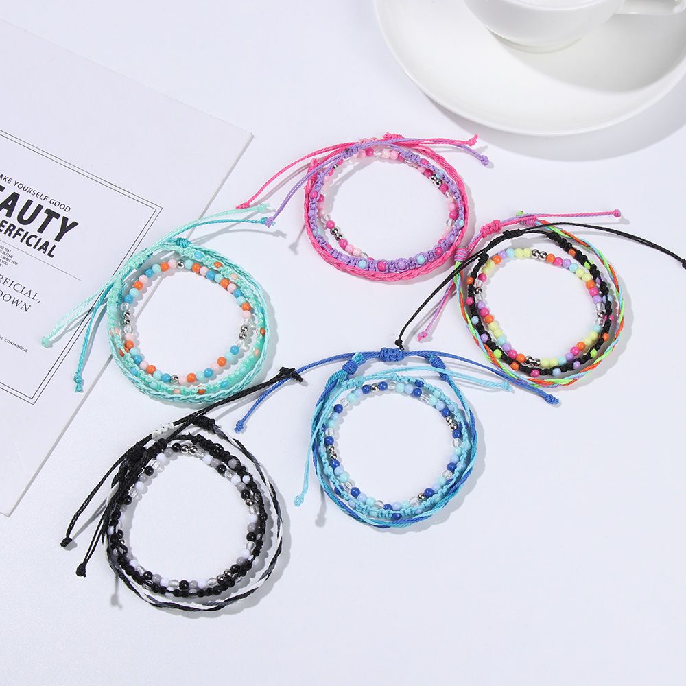 3Pcs/set Beads Bracelet Muti-layer Hand Woven Wax Thread Hand Rope Bohemian Colorful Jewelry