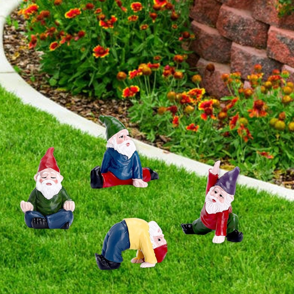 MIOSHOP 4 PCS Outdoor Fairy Garden Accessories Indoor Miniature Garden Gnomes Statue Flower Pot Decor Collectible Figurines Ornaments Yoga Gnomes