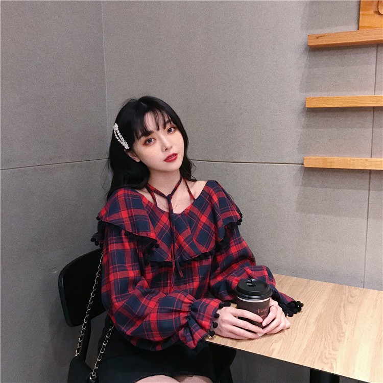 Áo Kiểu Trễ Vai Tay Dài Họa Tiết Sọc Caro Màu Sắc Tương Phản | BigBuy360 - bigbuy360.vn