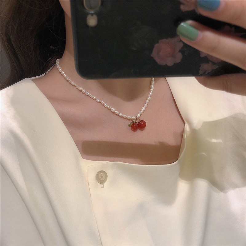 Dây Chuyền Mặt Hình Quả Cherry Đính Ngọc Trai Đơn Giản