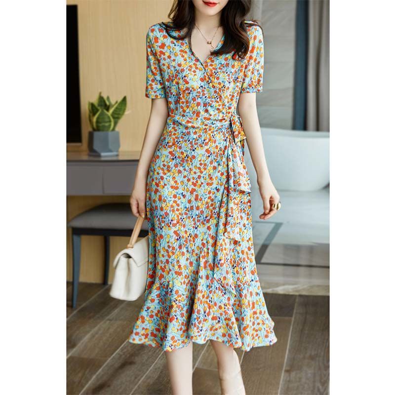 Đầm Đuôi Cá Ngắn Tay Cổ Chữ V Phối Bèo Thiết Kế Không Đồng Đều Xinh Xắn Thời Trang Theo Phong Cách Pháp Cho Nữ
