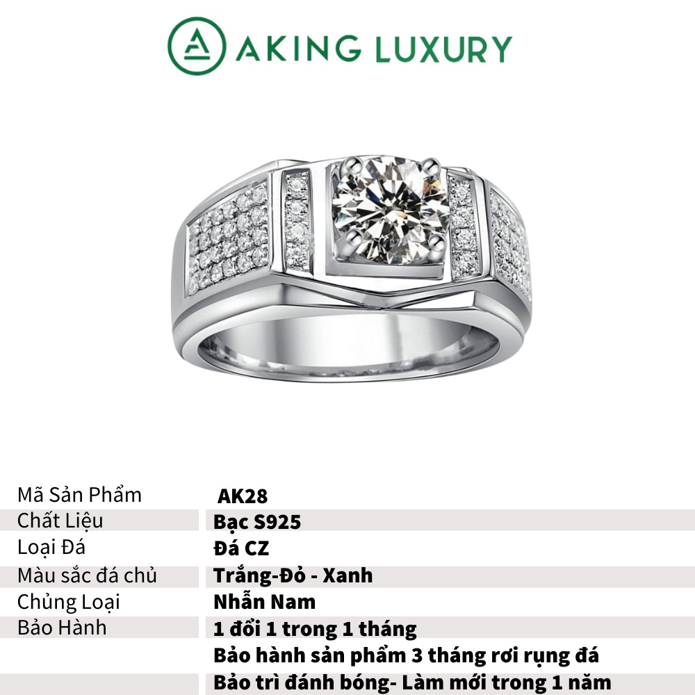 Nhẫn bạc nam AKING LUXURY AK28 cao cấp đính đá sang trọng, lịch lãm. Bộ sưu tập mới nhất 2022
