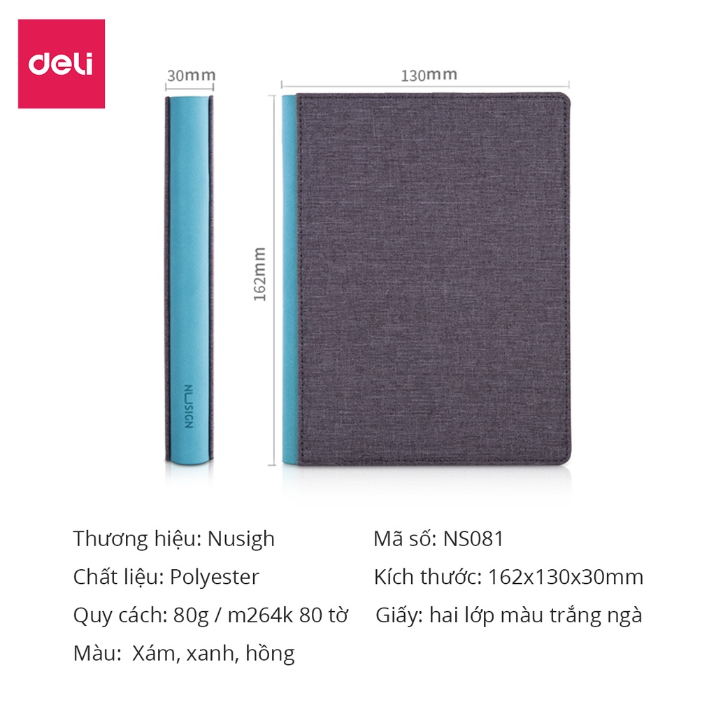 [LIFEMC02BPABAU -10% đơn 250K] Sổ tay cao cấp bọc vải, gáy da 160 trang Deli - tích hợp ví - Xanh dương/Hồng/Xám - NS245