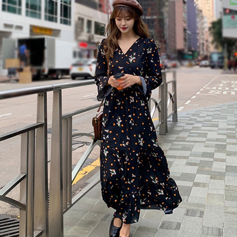 Đầm Dáng Dài In Họa Tiết Hoa Thời Trang Xuân Thu Thanh Lịch Cho Nữ | BigBuy360 - bigbuy360.vn