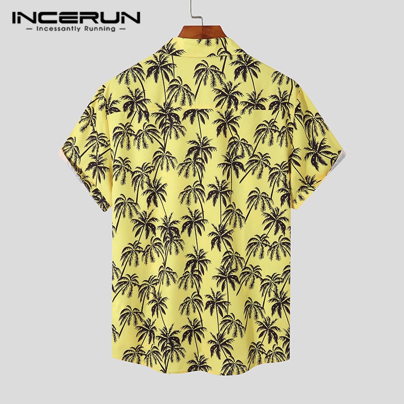INCERUN Áo Sơ Mi Nam Ngắn Tay Cài Khuy In Hình 3 Lỗ Coplors Thời Trang Đi Biển