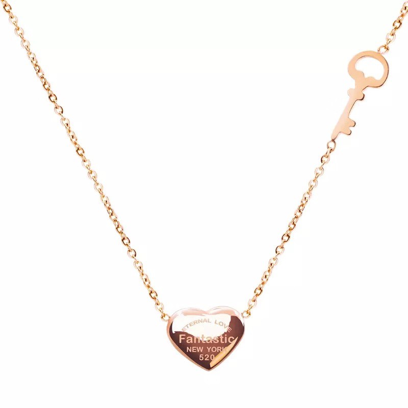 Dây chuyền mạ vàng hồng 18k mặt trái tim chìa khóa khắc chữ chống nước không gây dị ứng