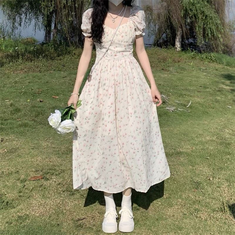 Đầm Midi Hoa Cut Out Lưng Váy Hoa Dáng Dài Nhíu Ngực Nơ Lưng Tay Bo Chun Nền Hoa Nhí Ngọt Ngào Cực Xinh Chất Mát Mịn