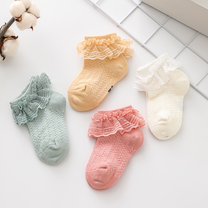Tất cotton mềm mại thoáng khí viền ren nhún bèo xinh xắn cho bé