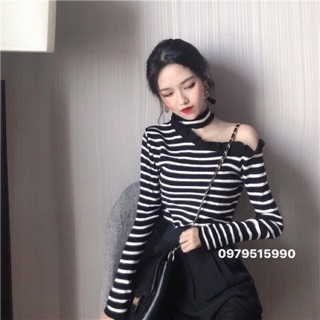 Áo len kẻ ngang đen trắng