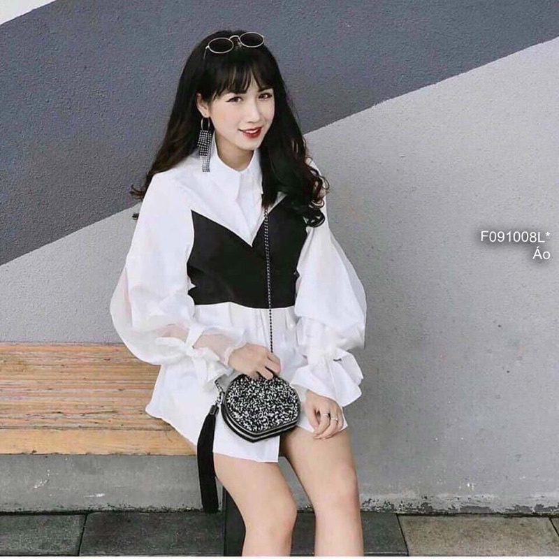 Áo sơ mi trắng pha đen chéo eo tay dài phồng cột nơ!