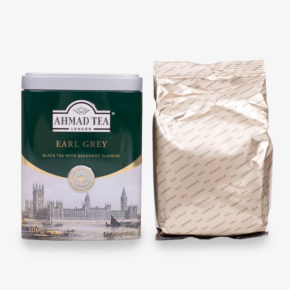 Trà đen Bá Tước pha ấm hộp thiếc phong cảnh London - Ahmad Earl Grey Tea 100g (trà lá pha ấm – 100g trà/hộp)