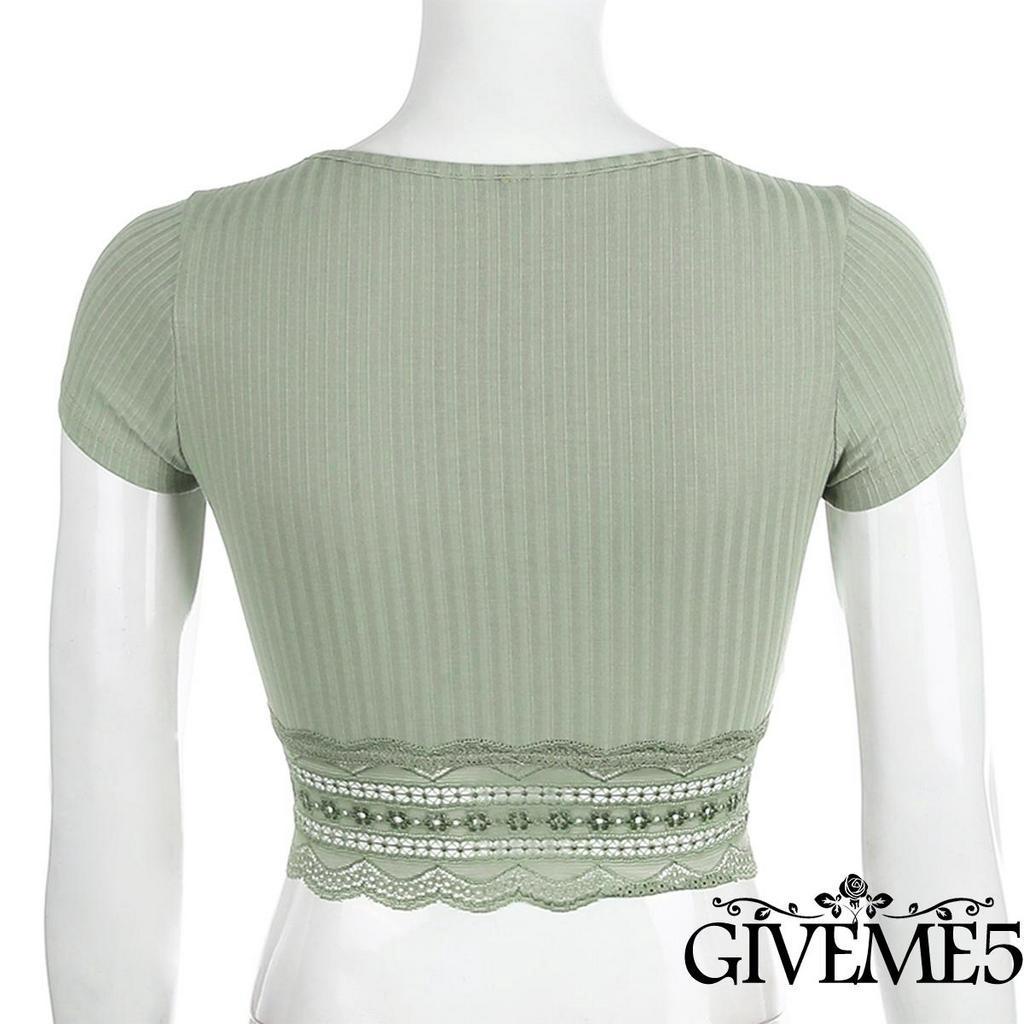 Áo Croptop Phối Ren Ngắn Tay Gợi Cảm Dành Cho Nữ